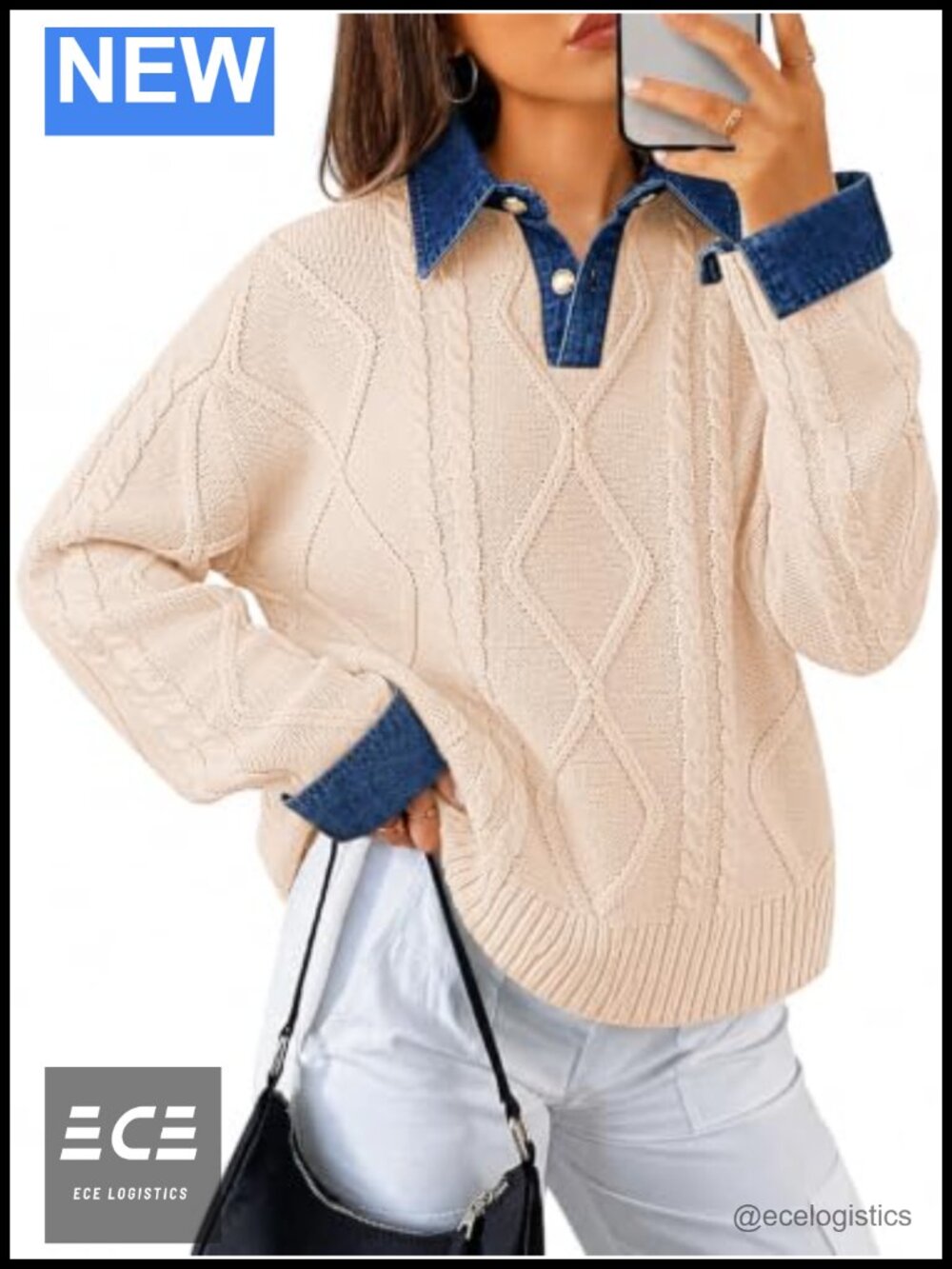 Womens Cable Knit Sweater Denim Polo Pullover Chunky Oversized Fall